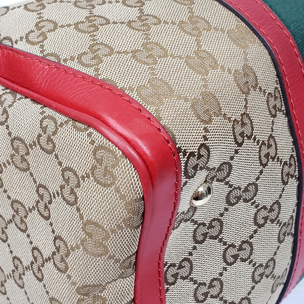 Authentic Gucci Boston GG Supreme Web Stripe Red Leather Satchel Bag - Picture 11 of 16